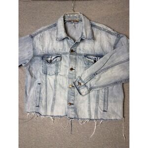 Free People‎ Light Wash Distressed Denim Jacket Oversized Raw Hem Womens M/L